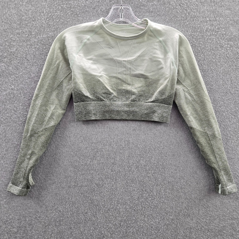 AYBL Women Activewear Top Small Green Ombre Cropped Seamless Shirt Thumbhole
